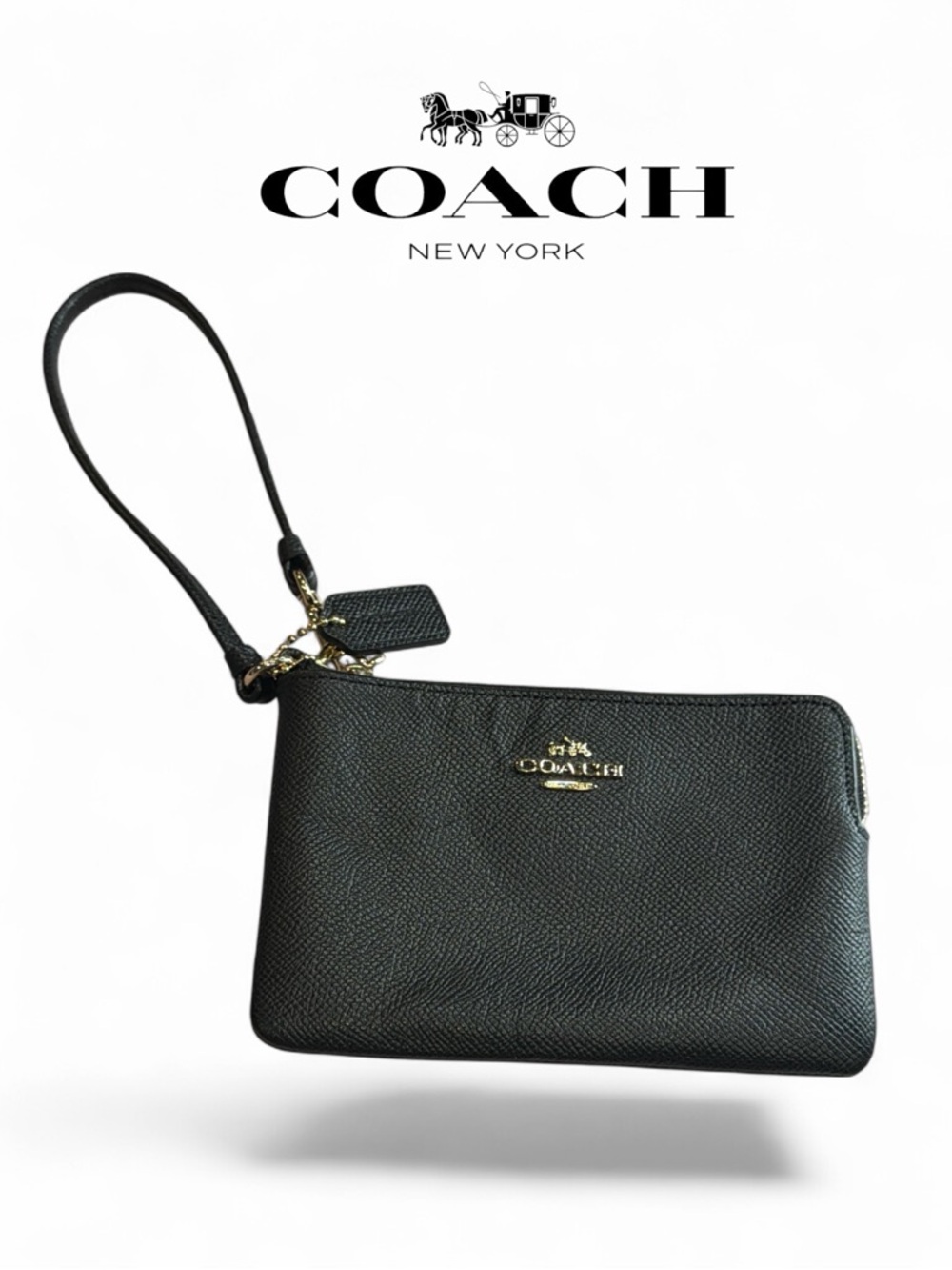 COACH Corner Zip Pebble Grain Black Leather‎ Wristlet